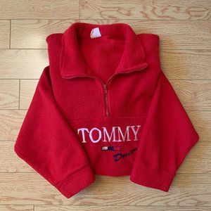 Vintage 90s Red Fleece Tommy Hilfiger Quarter Zip Large Comfy Sweater
